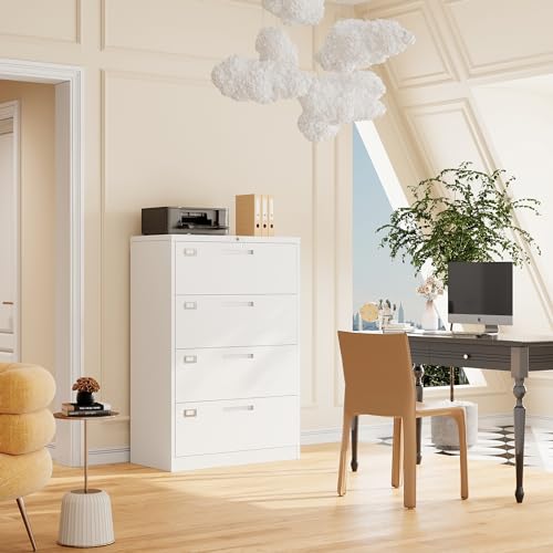 4 Drawer File Cabinet with Lock, Furniture Parts, Steel Wide Filing Organization Storage Cabinets, Steel Lateral File Cabinet for Hanging Files Letter/Legal/F4/A4 Size,Assembly Required