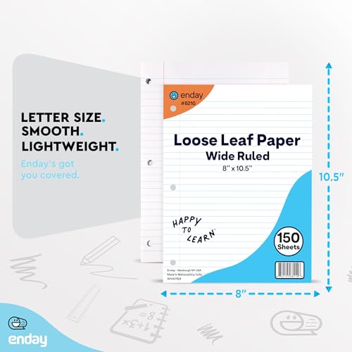 Loose Leaf Paper Bulk, 1800 Sheets, Wide Ruled, (12 Pack) 150 Sheets Per Pack, 8" x 10.5" White Filler Paper, 3 Hole Punched Binder Paper for 3 Ring Binders, Notebook Paper - By Enday