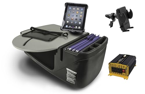 AutoExec Roadmaster Car Desk and Portable Workstation with 400 watt Power Inverter, Tablet Mount and Phone Vent Clip, Grey