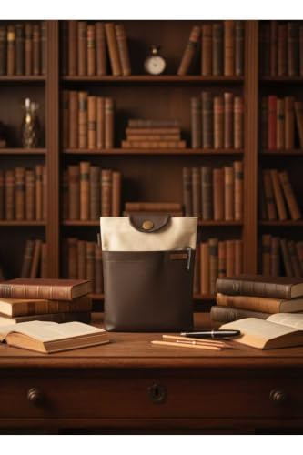 Cream Canvas and Faux Leather Book Cover Pouch, Handmade Design, Features Front Pocket for Notes, Pens, Phone, Appropriate for Books and Planners, Unique Artistic Style, Made in Turkey