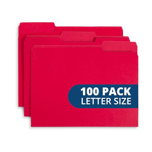 Blue Summit Supplies 100 File Folders, Letter Size, 1/3 Cut Tab, Red