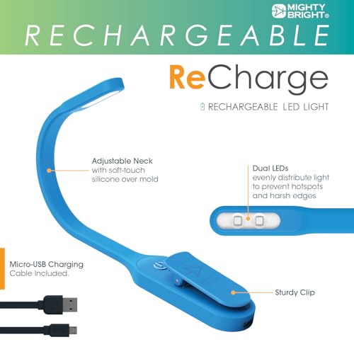 The Original Mighty Bright Recharge Clip On Rechargeable Book Light Reading Light, Warm Eye Care LEDs, Flexible, Durable, Dimmable, Perfect for Kids, Bookworms, Reading in Bed, Lasts 60 Hours (Blue)