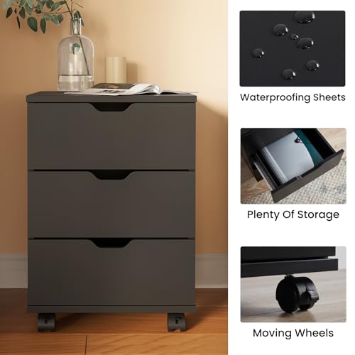 Farini Wood File Cabinet for Home Office,Under Desk 3 Drawer Mobile File Cabinet(Black,Fully-Assembled)
