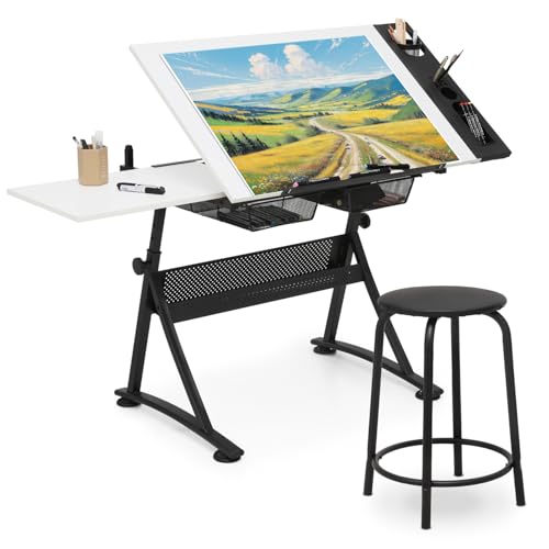 MIRAMINGLE Drafting Table Set for Home and School, Height & Angle Adjustments (28"-36", 0°-65°), Art Desk with Drawers Artists & Designers