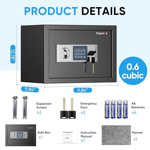 Paporia 0.6 Cubic Feet Safe Box with Digital Keypad Lock & Keys, Home Safe Money Box for Cash, Documents, Medicine & Jewelry, Security Digital Safe in Home, Hotel or Business