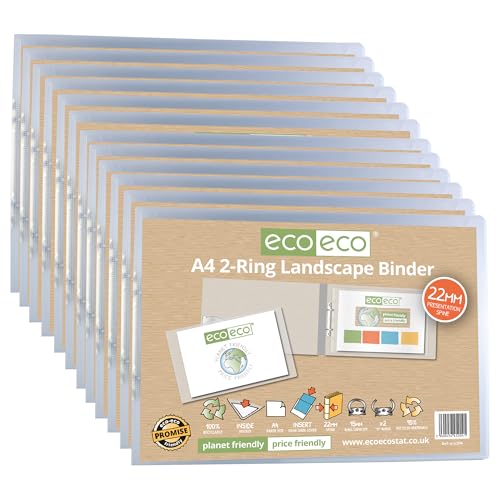 eco-eco A4 95% Recycled Presentation 22mm Spine 2 Ring Landscape Binder Clear, Pack of 12, eco204x12