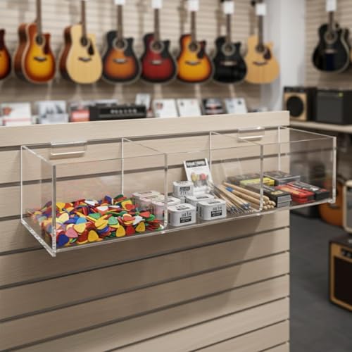 Marketing Holders 6 Pack Slatwall Acrylic Retail Tray 3 Compartment Dump Bin Acrylic Storage Caddy Product Storage Display Tray Slatwall Shelves Organizer for School Business Shop