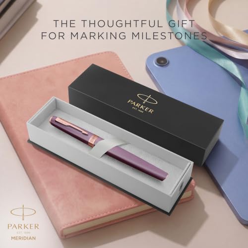 PARKER Meridian Rollerball Pen | Purple Lacquer with Rose Gold Trims | Fine Nib | Handwriting Pens & Stationery Supplies | Black Ink | Luxury Gift Box