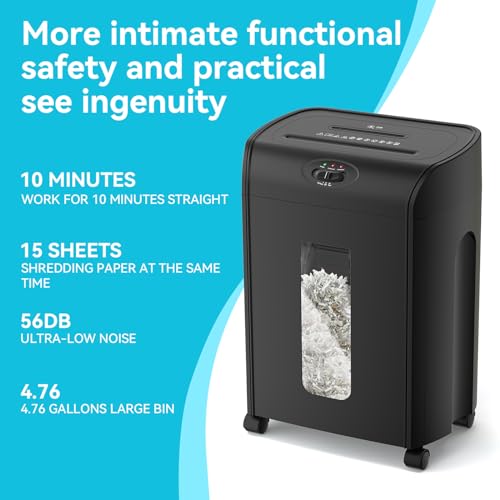 15-Sheet Cross-Cut Paper Shredder, P-4 Security, Auto Start/Stop, Overload Protection, Shredders Machine for Home and Office, Shredder CD/Credit Card, 4.76 Gallons