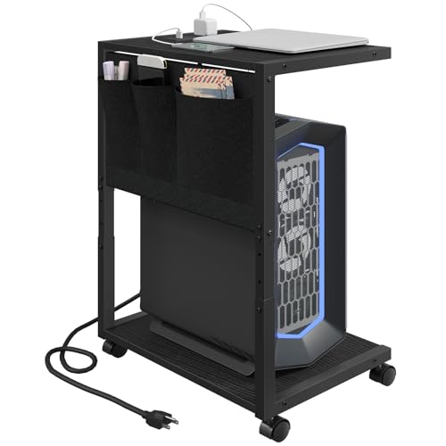 YATINEY PC Stand, Computer Tower Stand with Charging Station, Height Adjustable PC Tower Stand for Floor, 2 Tier Computer Cart On Wheels, 23.1"-29" H,19.7" L x 11" W, for Home Office, Black CJ60BB
