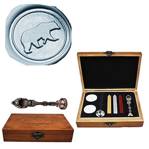 MNYR Bear Bronze Wax Seal Sealing Stamp Wedding Invitations Vintage Metal Peacock Handle Wax Sticks Candles Melting Spoon Gift Wood Box Set