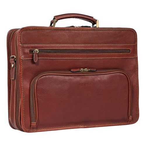 Banuce Full Grains Italian Leather Briefcase for Men with Luggage Strap