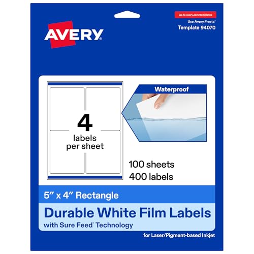 Avery Durable White Rectangle Waterproof Labels, 5" x 4", Laser/Pigment-Based Inkjet Printer Compatible, 400 Printable Labels Total, Great for Branding, Packaging, and More