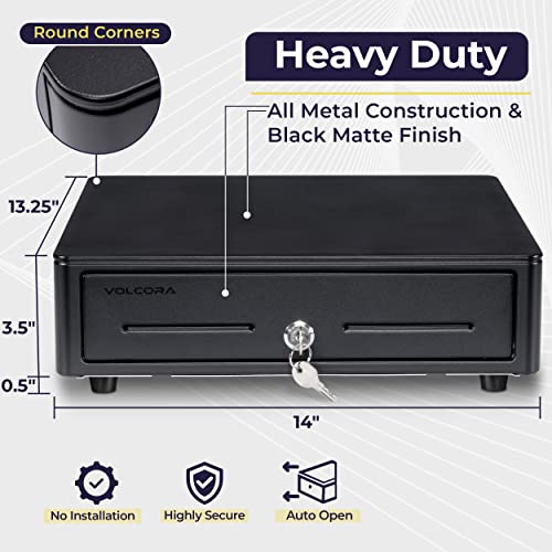 Volcora Cash Register Drawer for (POS) Point of Sale System with Round Corner 13", Removable Coin Tray, 4 Bill/5 Coin, 12-24V, RJ11/RJ12 Key-Lock, Media Slot,Cash Till for Businesses, Black