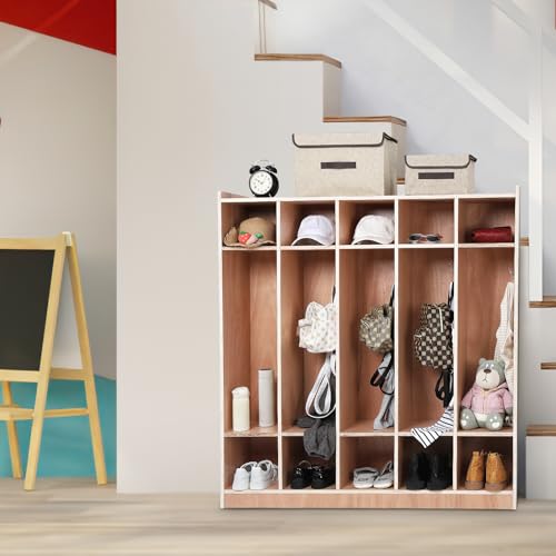 Arsupen Coat Locker with 10 Cubbies and 5 Hooks, Classroom Storage Cabinet for Daycare and Preschool, Mobile Wood Cubby Organizer with Wheels and Glazed Finish for Home, School and Mudroom