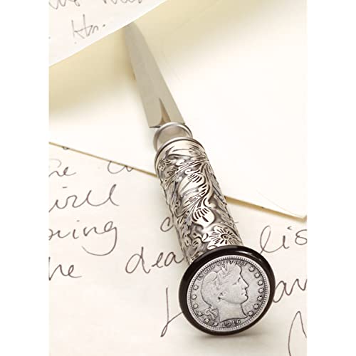 American Coin Treasures Coin Letter Opener Barber Dime- Antiqued Silvertone Brass Handle-Genuine United States Coin