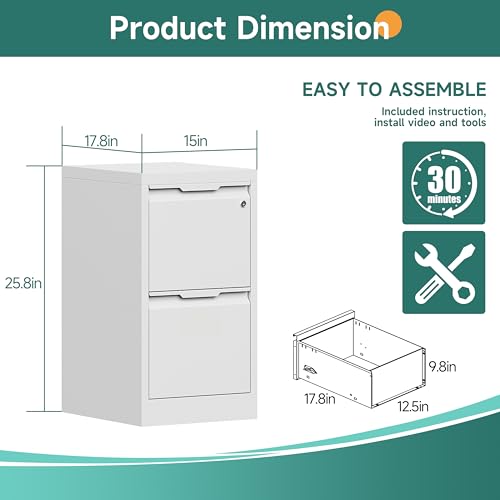 PIYAZEE 2 Drawer File Cabinet with Lock, 17.8" D Small Filing Cabinet for Home Office, Metal Vertical File Cabinets, Deep File Cabinets for Legal/Letter Size File, Easy Assembly