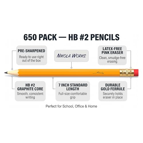 Nikola Works 650-Count #2 HB Pre-Sharpened Pencils with Erasers, Yellow