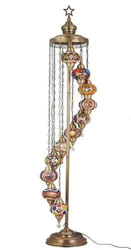 DEMMEX 11 Globe Turkish Moroccan Mosaic Floor Lamp, 7ft Tall - Tiffany Style Standing Decorative Boho Lamp with Colorful Globes for Bedroom, Living Room, Entryway – Handmade in Turkey, Multicolor