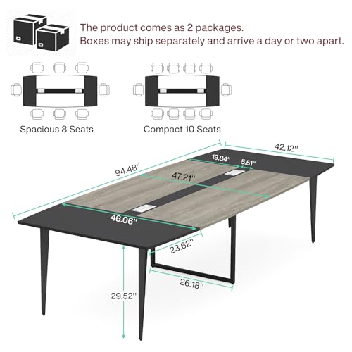 Tribesigns 8FT Conference Table, 94.48L x 47.21W x 29.52H Inches Boat Shaped Meeting Table with Rectangle Grommet, Modern Seminar Boardroom Table for Office Conference Room (Grey & Black, 8ft)