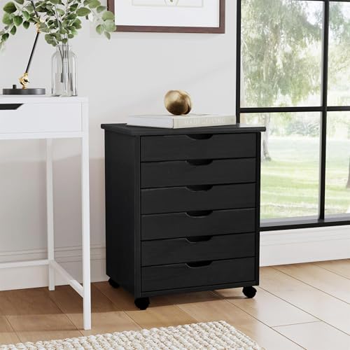 Linon Callie Black Six Drawer Rolling Storage Cart in Black Wood
