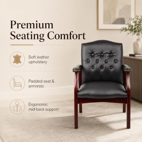 WDYLWFHW Leather Office Reception Guest Chairs, Ergonomic Office Executive Side Chair, Mid-Back Waiting Room Conference Office Guest Lobby Chairs with Padded Seat and Arms,No Wheels,1 PC(Black)
