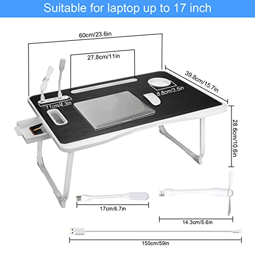 Laptop Bed Table, Laptop Desk for Bed, Foldable Laptop Bed Desk with USB Charge Port, Handle, Desktop Card Slot, Cup Slot, Side Drawer, Portable Laptop Table for Bed Eating Reading Working