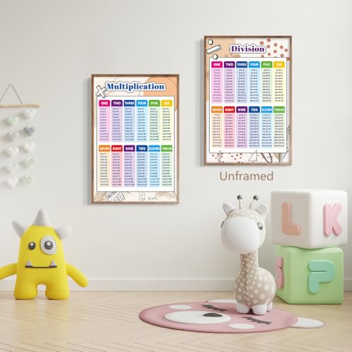 Set of 2 Multiplication and Division Chart, Math Posters for Elementary School, Educational Kids Math Learning Canvas Wall Art, Classroom Homeschool Times Table Print for Wall 24x36in Framed