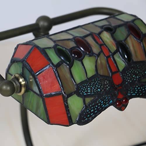 Banker Lamp Tiffany Desk Lamp Green Orange Dragonfly Stained Glass Desk Lamp, Adjustable Top Luxury Memory Piano Lamp, for Library Use