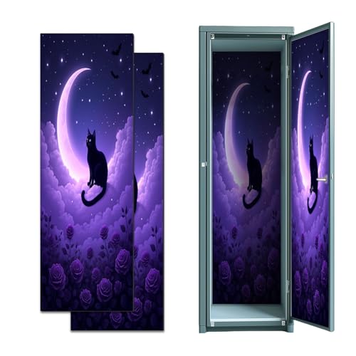 2 Pcs Locker Magnetic Wallpaper Mystical Black Cat Sitting Crescent Moon Purple Roses Starry Sky 12" x 36" Wall Magnetic Sticker Removable Locker Accessories Decor Easy Install for Office School