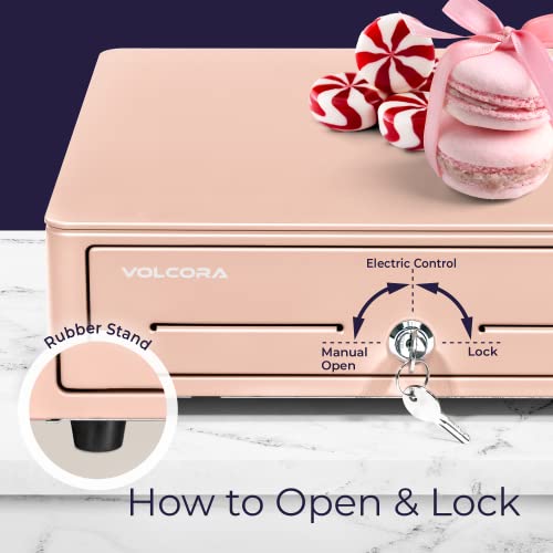 Volcora Cash Register Drawer for (POS) Point of Sale System with Round Corner 13", Removable Coin Tray, 4 Bill/5 Coin, 12-24V, RJ11/RJ12 Key-Lock, Cash Till, Money Drawer for Businesses, Pink