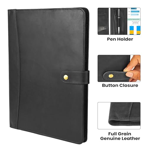 Leather Resume Portfolio Folder for Interview, Professional Padfolio Organizer Binder A4, Graduation & New Job Gift for Men Women – Black