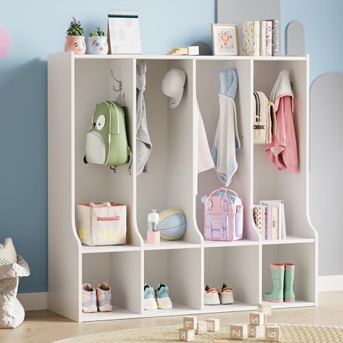 IDEALHOUSE 4-Section Classroom Coat Locker with 4 Cubbies, Daycare Cubby Storage Organizer with 8 Hooks for Home, School, Nursery, Kindergarten, White