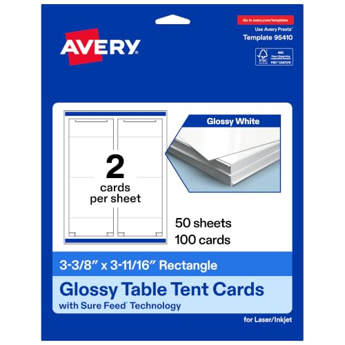 Avery Printable Rectangle Table Tent Cards, 3-3/8" x 3-11/16", Glossy White, Sure Feed Technology, Print-To-The-Edge Capability, Laser/Inkjet Compatible, 100 Total, Ideal for Packaging, & Displays