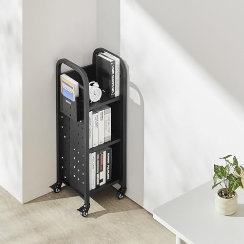VEVOR Rolling Library Book Cart, 220 lbs Capacity, 12.6 x 13.8 x 36.8-Inch Library Cart, Single Sided L-Shaped Shelves with 2-Inch Lockable Wheels, Book Truck for Home Shelves Office and School, Black
