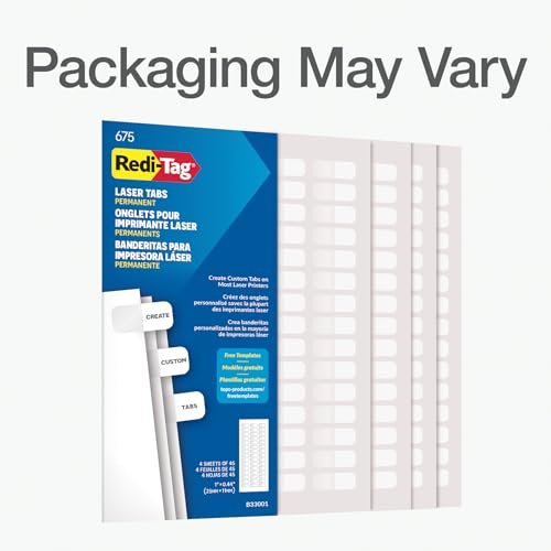 Redi-Tag Laser Index Tabs, Divider Tabs, Permanent Adhesive Index Labels Customizable Divider Labels, 7/16" x 1", White, 675 Tabs (B39000)