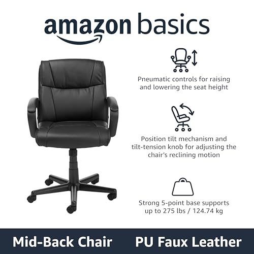 Amazon Basics Office Task Chair with Adjustable Height, 360° Swivel, Padded Armrests, Mid-Back, Rolling, 275 Pound Capacity, 24.2"D x 24"W x 34.8"H, Black Faux Leather