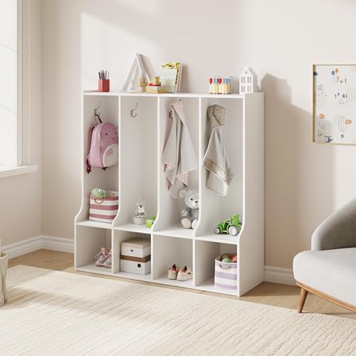 IDEALHOUSE 4-Section Classroom Coat Locker with 4 Cubbies, Daycare Cubby Storage Organizer with 8 Hooks for Home, School, Nursery, Kindergarten, White