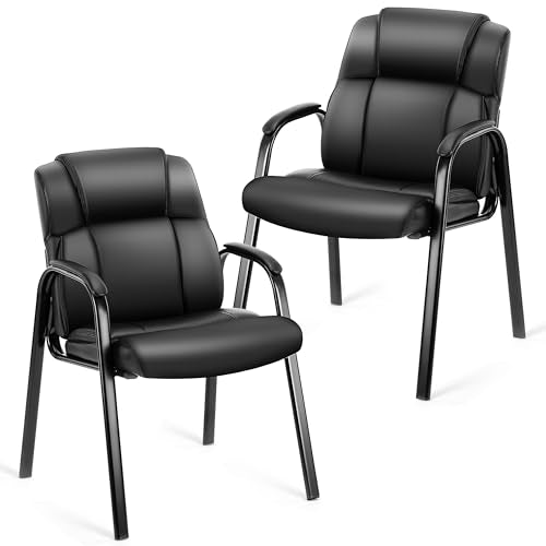 Simple Deluxe Waiting Room Leather Guest Chairs with Padded Arms, Comfy Stationary Reception Meeting Chair, Rest for Conference Side Office Home Desk Elderly Salon Clinic, 2 Pack