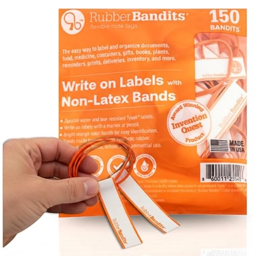 Rubber Bandits Non-Latex Rubber Bands with Writable Labels – Orange #33 Bands for School, Office, Medical, Crafts, Cable, Gardening Tools, Fishing Gear, Kitchen Use – Washable, Latex-Free & Reusable – 150 Ct
