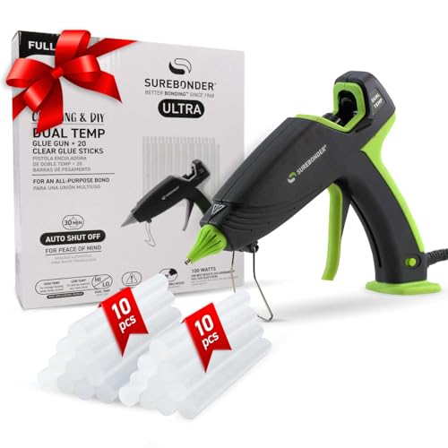 Surebonder Hot Glue Gun and Glue Sticks, Full Size 100W Dual Temperature Hot Glue Gun with 20 All Purpose Glue Sticks, 30 Minute Auto-Shut-Off, Black