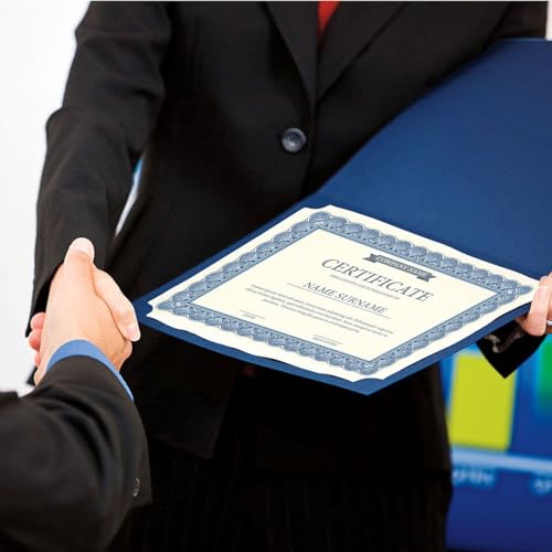 Plain Blue Certificate Folders - Pack of 50, Linen Cover 80 lb. Stock, Folded, Die-Cut Corners, for Office, Business Awards, Graduation, School Diploma Holder, 9-1/2" x 12"