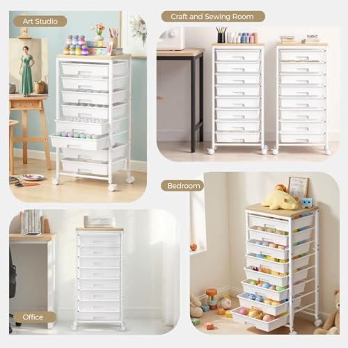 Rolling Cart with 8 Drawers, Plastic Drawer Storage Carts with Wheels & Wooden Tabletop, Metal Utility Cart Organizer for Bedroom Living Room Office Classroom Craft Organization and Storage, White