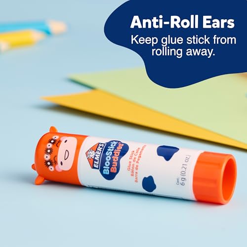 Elmer's BlooStick Buddies Glue Sticks, Disappearing Blue, Anti-Roll Cap Design, Unique Characters, 6 Grams, 48 Count - Classroom Supplies, #1 Teacher Brand