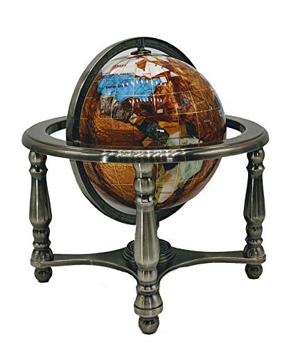 Unique Art 10-Inch Tall Table Top Amber Pearl Swirl Ocean Gemstone World Globe with Silver Zinc Alloy Stand (150 GB AMBER SILVER)