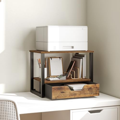 YATINEY Desktop Printer Stand, 2-Tier Printer Table with Non-Woven Drawer, Multi-Purpose Desk Organizer for Home Office, Under Desk Open Organizer Shelf, Rustic Brown PS01BR