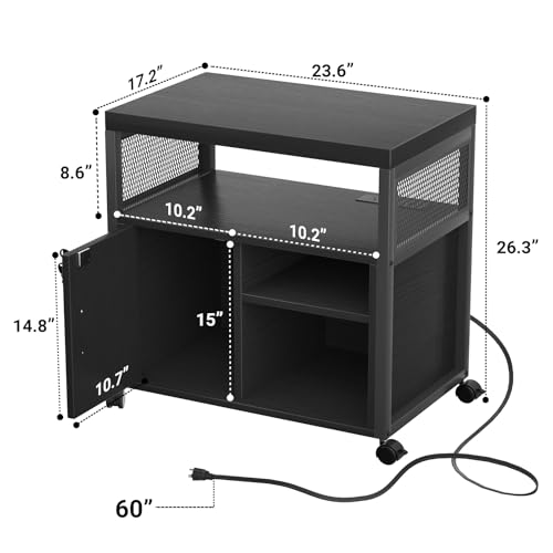 Unikito Lateral File Cabinet, Locking Office Printer Stand with Sockets and USB Charging Ports, Modern Rolling Printer Desk with Storage for A4, Letter Size and File Folders, Black