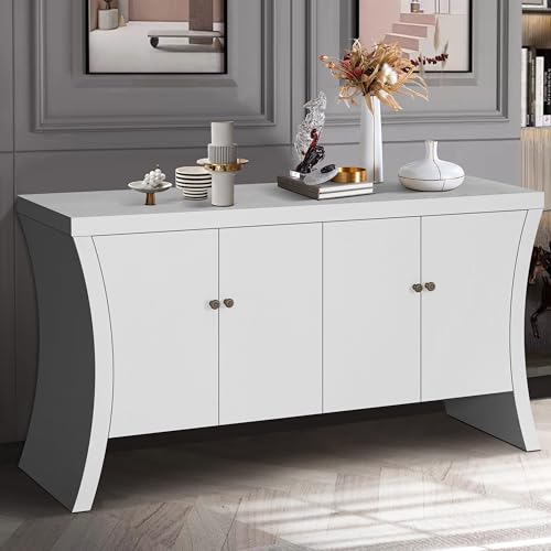 Refined Industrial 4-Door Credenza with Wooden Arc Legs and Bronze Clasps, Advanced Storage Design Sideboard, Modern Buffet Cabinet for Kitchen, Living Room, Hallway (White-we11)