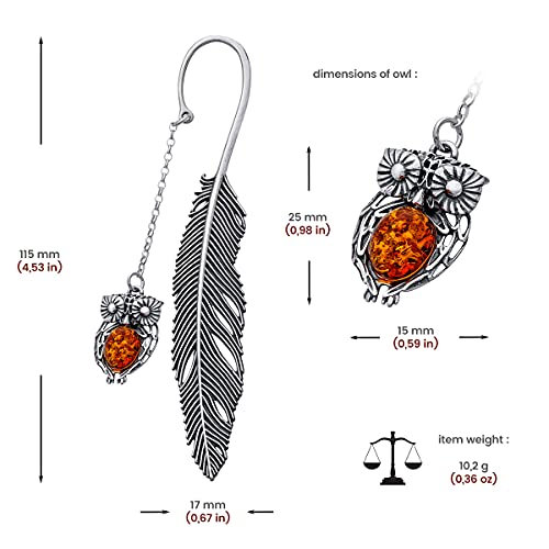 AMBEDORA Bookmark, Oxidized 925 Silver, Oval Baltic Amber in Cognac Color, Silver Bookmark Owl with Amber, L. 11,5 cm