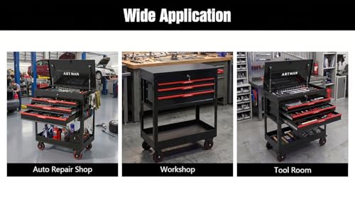 KEIKI 3-Drawer Rolling Tool Cart with Lift-Up Steel Top, Utility Tool Box, Multi-Functional Tool Storage Organizer Cabinet for Garage, Warehouse, Workshop, Repair Shop, Black